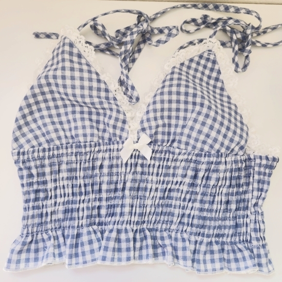 Tops - Blue White Gingham Cottagecore Crop Top Smocked Lace Trim Fairycore S